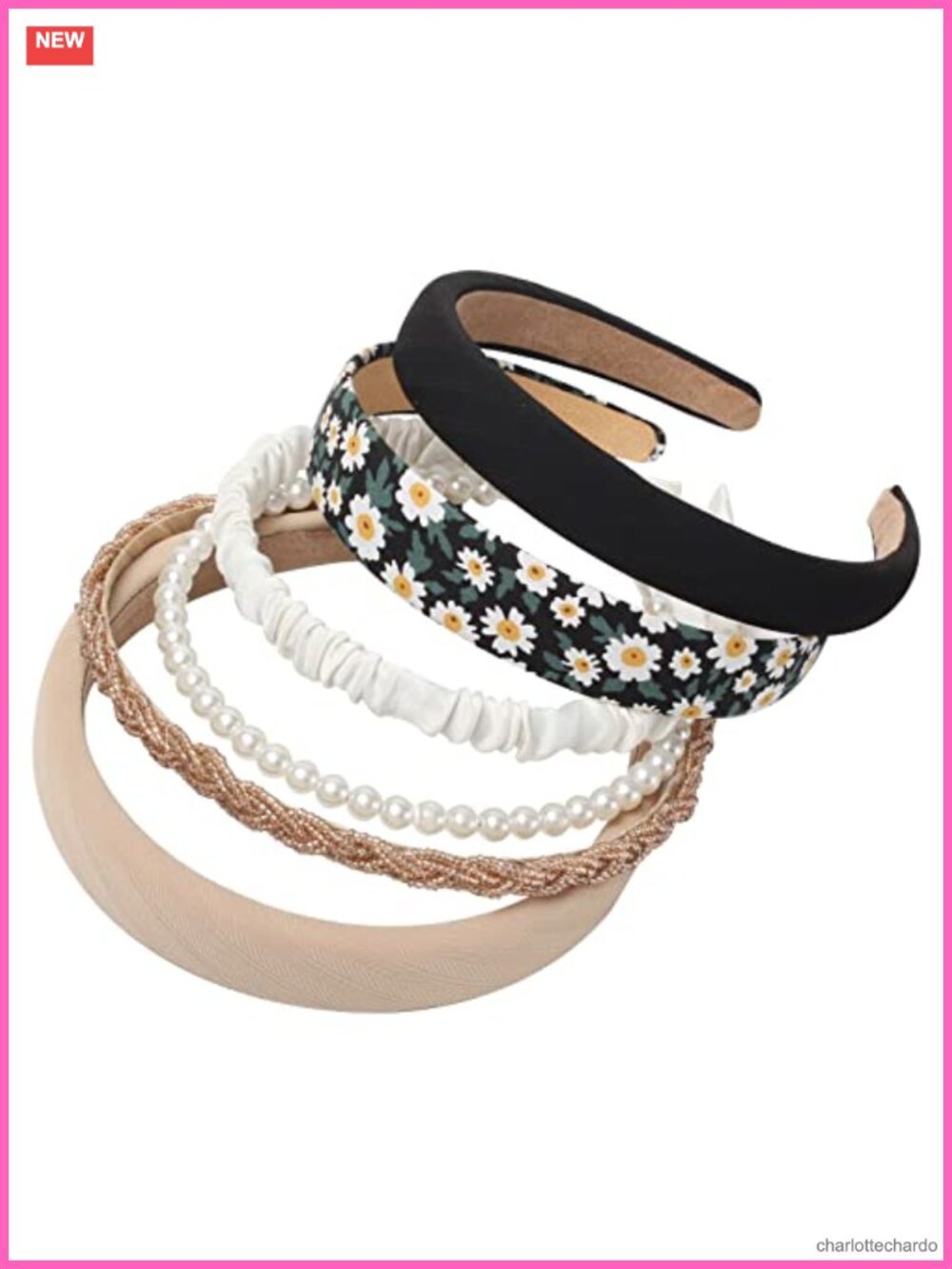 6PK Women's Non Slip Fabric Headbands Plastic Pearl Beaded Hair Accessories